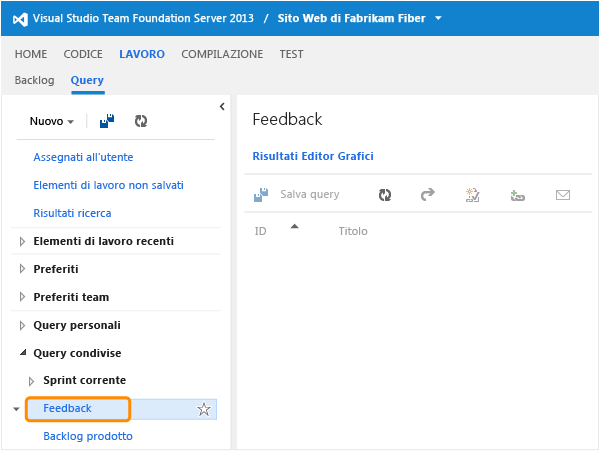 Collegamento Feedback nella pagina Query in Team Web Access
