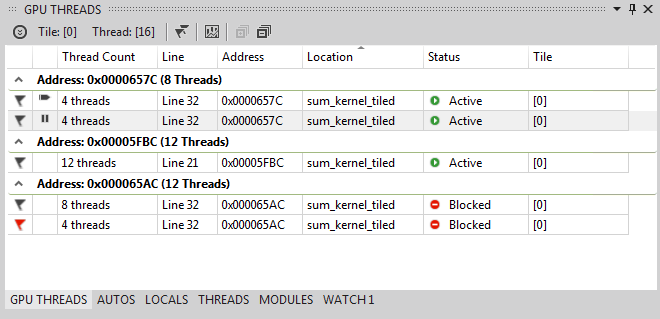 Finestra Thread GPU con thread raggruppati per indirizzo