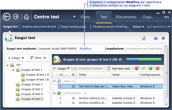 Selezionare dove eseguire il test manuale