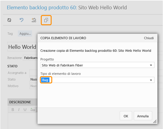Copiare un elemento di lavoro e specificare un nuovo tipo