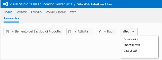 Home page - Creazione di elementi di lavoro (TFS 2013)