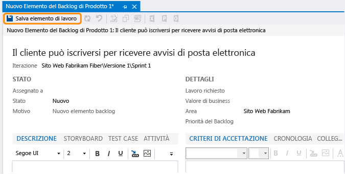 Nuovo elemento del Backlog di Prodotto (Team Explorer)