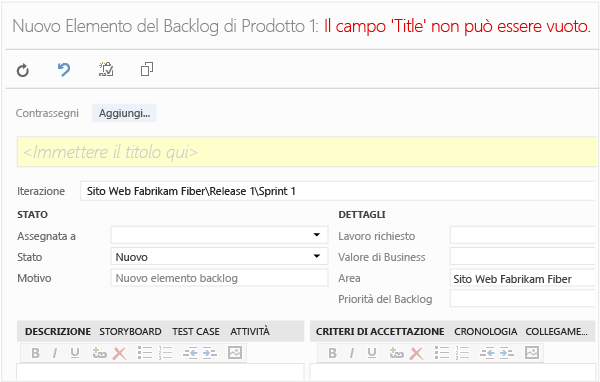 Modulo dell'elemento di lavoro per Elemento del Backlog di Prodotto