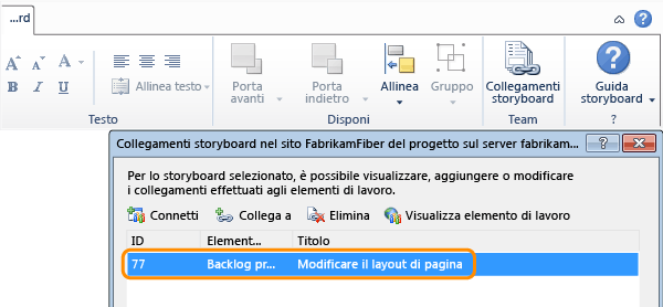 Elemento di lavoro collegato nella finestra di dialogo Collegamenti storyboard