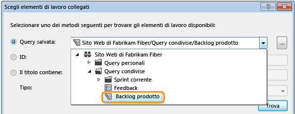 Query di selezionare per individuare elementi di lavoro