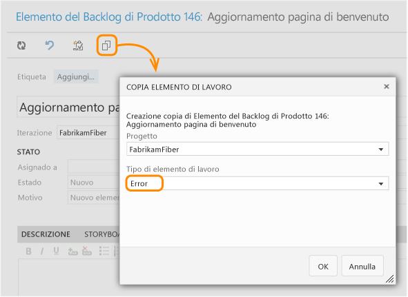 Finestra di dialogo Copia elemento di lavoro