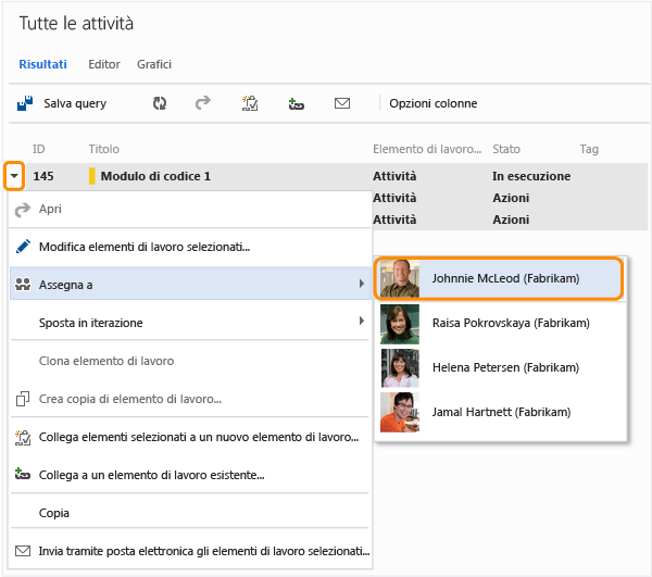 Collegamento Assegna a dal menu di scelta rapida dell'elemento di lavoro