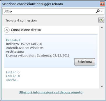 Finestra di dialogo per la selezione della connessione del debugger remoto