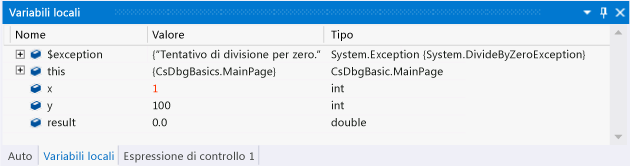 Modifica un valore nella finestra Variabili locali