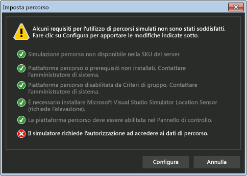 Finestra di dialogo requisiti di impostazione posizione