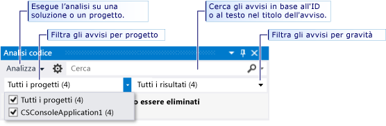 Finestra Cerca e filtra analisi codice