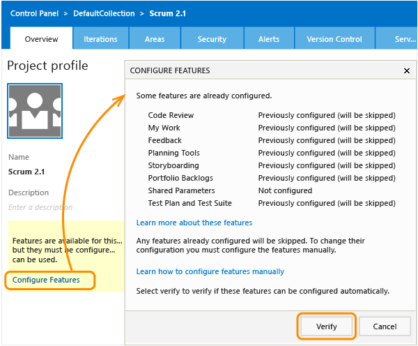 Configurare le funzionalità per TFS 2013.2