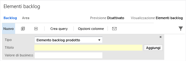 Pannello backlog con il campo Valore di business aggiunto