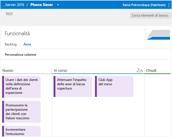 Il backlog Funzionalità dispone di una bacheca Kanban