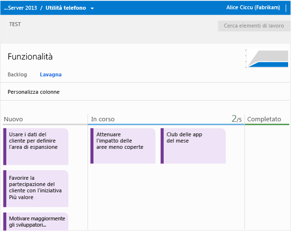 Il backlog Funzionalità dispone di una bacheca Kanban