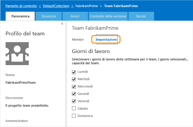 Pagina Impostazioni team per i giorni lavorativi predefiniti