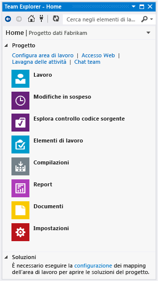 Home page di Team Explorer con TFVC come controllo del codice sorgente