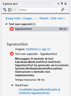 Esplora unit test con un test non superato