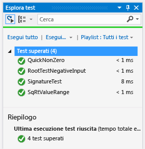 Esplora unit test con quattro test superati