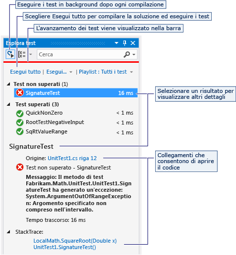 Esplora test con il pulsante Esegui tutto