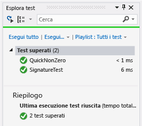 Esplora unit test con due test superati