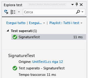 Esplora unit test con un test superato