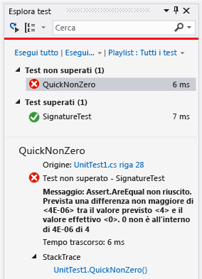 Esplora unit test con un test non superato