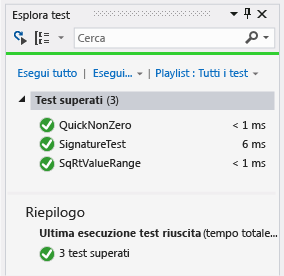 Esplora unit test con tre test superati