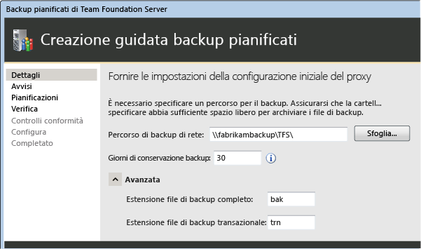 Specificare il percorso di rete per i backup