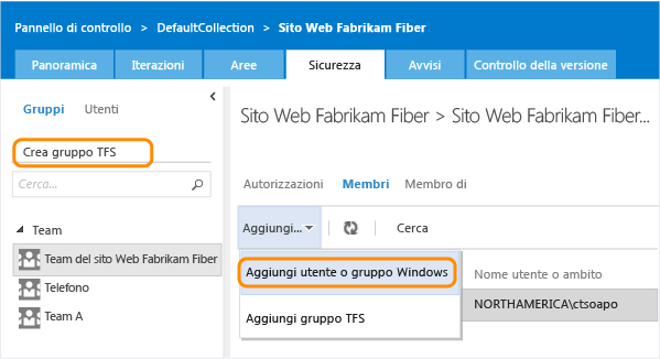 Collegamento Crea gruppo TFS nella pagina amministrazione Sicurezza