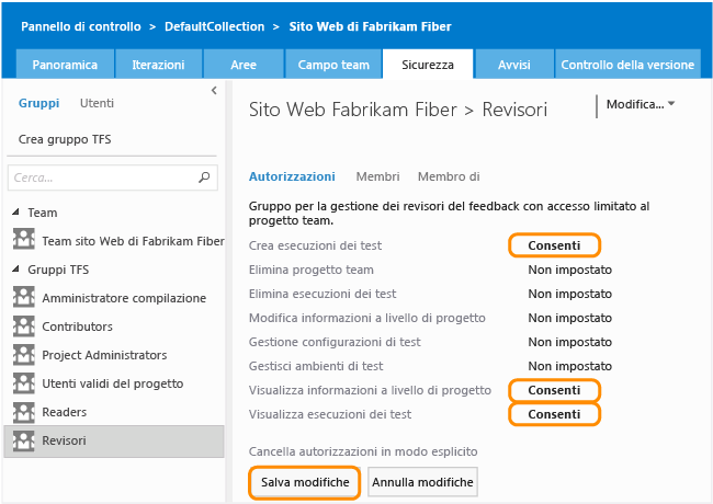 Visualizzazione Autorizzazioni, gruppo Revisori nella pagina Sicurezza