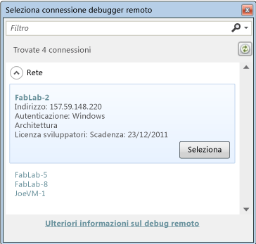 Selezionare connessione debugger remoto