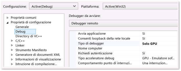 Pagina delle proprietà di debug dell'app di Windows Store