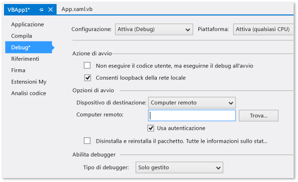 Pagina delle proprietà di debug progetto C# / VB