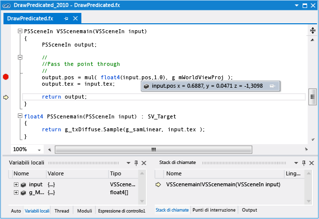 Debug di HLSL usando le finestre Stack di chiamate ed Espressioni di controllo.