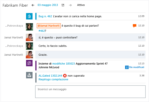 Chat del team con messaggi e collegamenti agli eventi