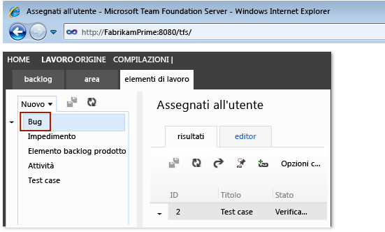 Creare un nuovo bug tramite Team Web Access