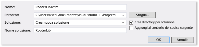 Specificare un nome e un percorso per il progetto e la soluzione