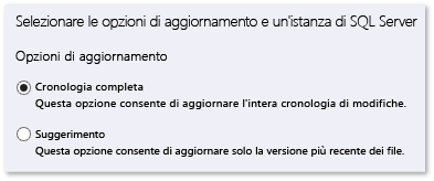 Aggiornamento guidato VSS - Opzioni di cronologia