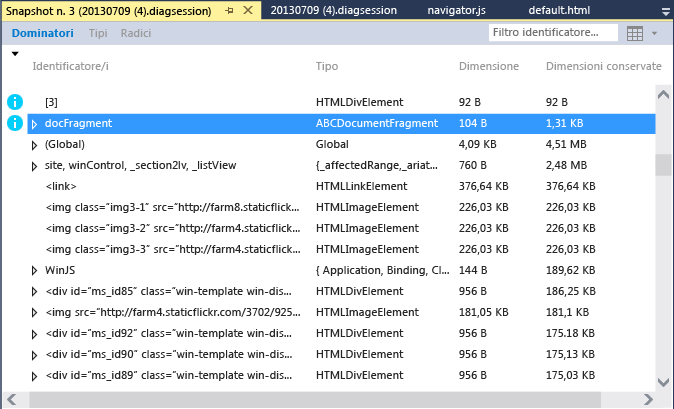 Visualizzazione dei dettagli di snapshot con problemi potenziali