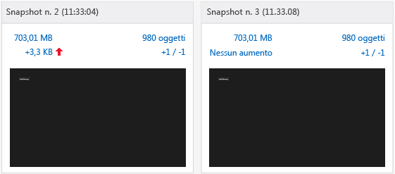 Snapshot che illustrano la perdita di memoria risolta