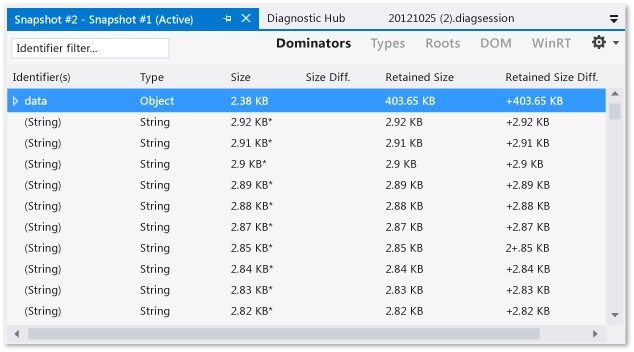 Differenza tra snapshot nella visualizzazione Dominatori