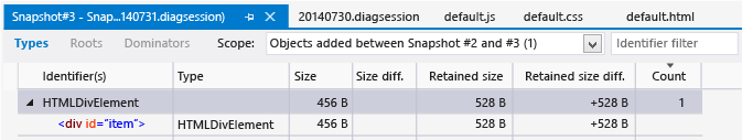 Visualizzazione delle differenze del conteggio oggetti nell'heap