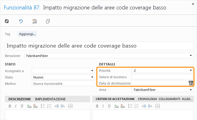 Form dell'elemento di lavoro della funzionalità