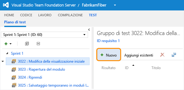 Selezionare il gruppo di test e aggiungere un test case