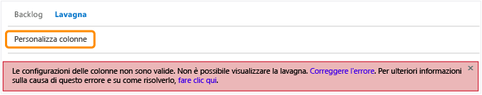 Messaggio di errore che indica la necessità di personalizzare le colonne