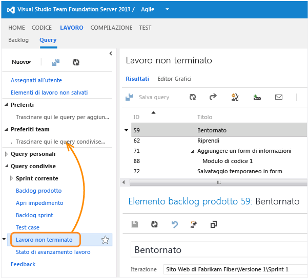 Aggiungere una query ai preferiti del team in Team Web Access