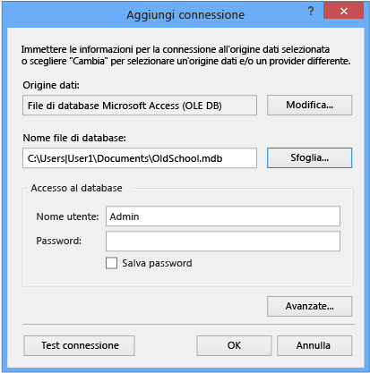 Aggiunta della connessione al file di database di Access