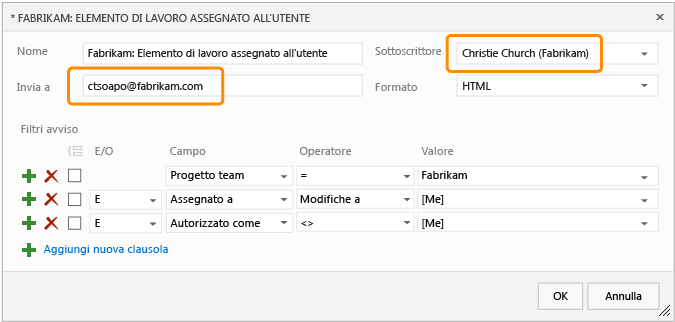 Creare un avviso per un altro membro del team