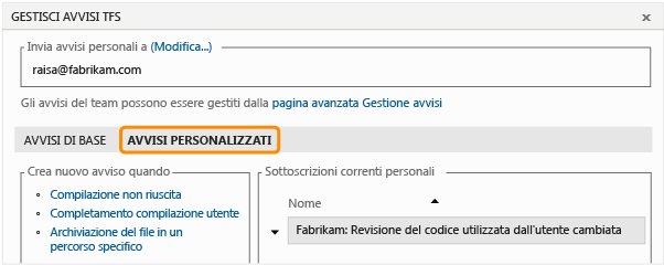 Aprire gli avvisi personalizzati